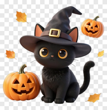 Cartoon Black Cat Wearing A Witch Hat With Halloween Pumpkins PNG