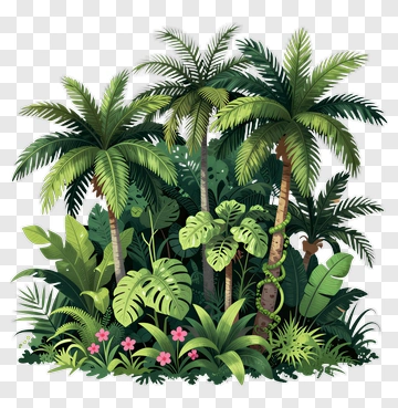 Tropical Jungle With Lush Greenery And Palm Trees PNG