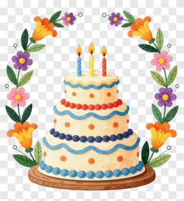Colorful Birthday Cake Surrounded By Flowers PNG