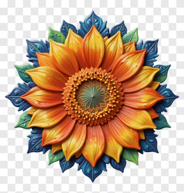 Colorful Sunflower With Green Leaves PNG