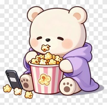 Cartoon Bear Eating Popcorn While Watching Phone PNG