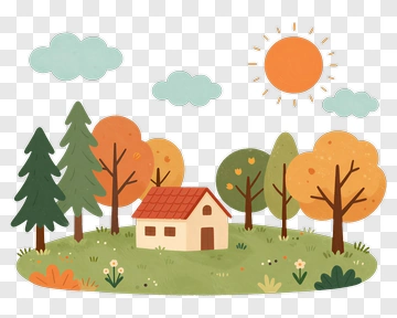 Colorful Autumn Landscape With House And Trees PNG