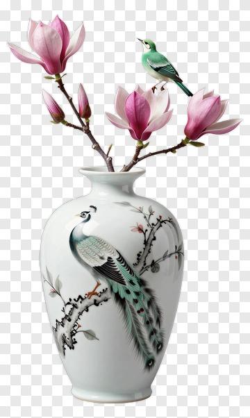 Magnolia Flowers In A Decorative Vase With A Bird PNG