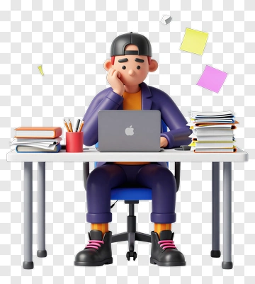 3D Student Thinking At A Desk With Laptop And Books PNG
