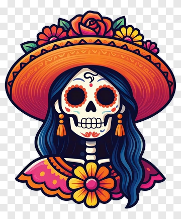 Colorful Sugar Skull Woman With Flowers And Hat PNG