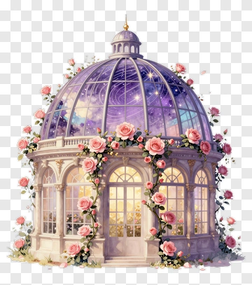 Beautiful Glasshouse With Roses And Starry Sky PNG