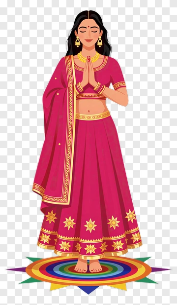 Woman In Traditional Indian Attire With A Colorful Rangoli PNG