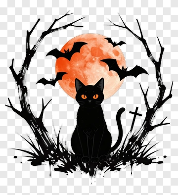 Halloween Black Cat With Full Moon And Bats PNG