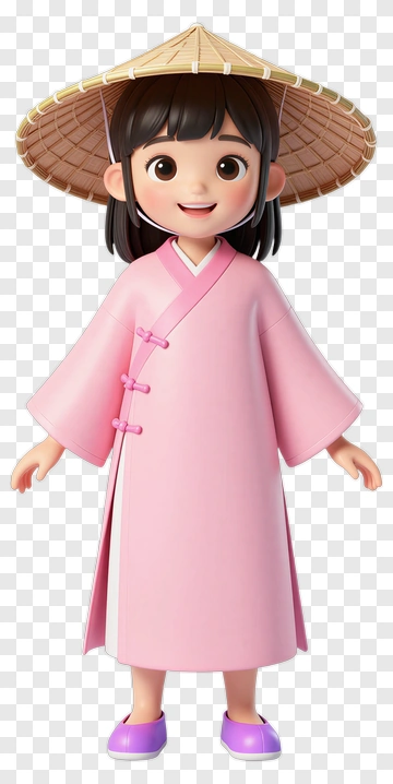 Cartoon Girl In A Pink Kimono With A Straw Hat PNG