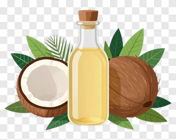 Coconut Oil Bottle With Whole And Halved Coconuts PNG