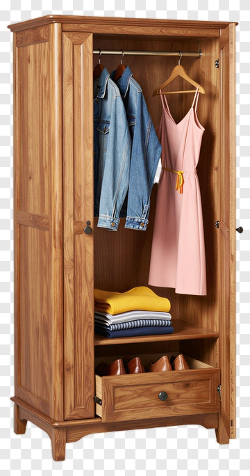 Wooden Wardrobe With Clothing And Accessories PNG