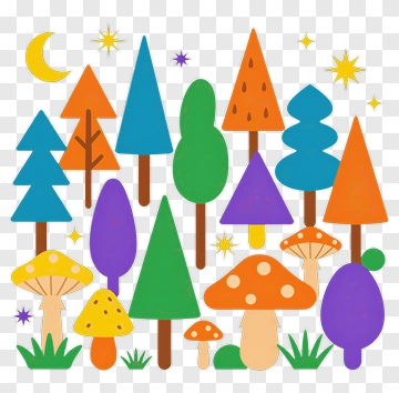 Colorful Forest With Trees And Mushrooms PNG
