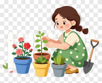 Girl Gardening With Potted Plants PNG