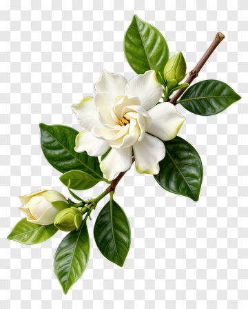 White Gardenia Flower With Green Leaves PNG