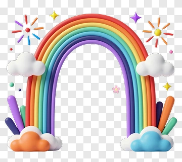 Colorful Rainbow With Clouds And Sunbursts PNG