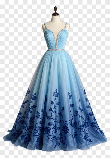 Elegant Blue Evening Dress With Floral Embroidery PNG