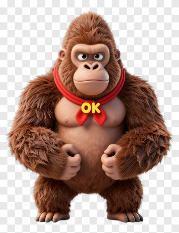 Cartoon Gorilla With Red Scarf And Ok Tag PNG