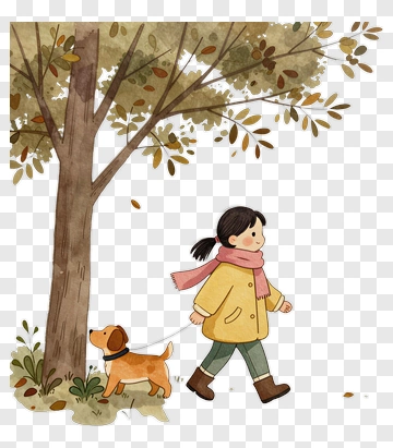 Girl Walking A Dog Under A Tree PNG