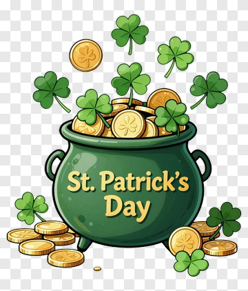 St. Patrick's Day Pot Of Gold With Shamrocks PNG