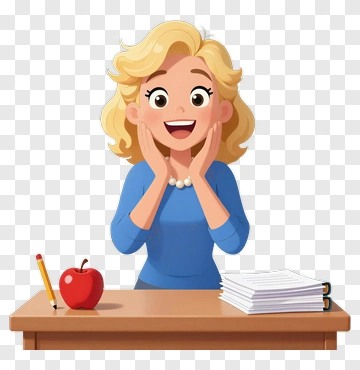Happy Teacher At Desk With Apple And Books PNG