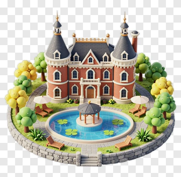 3D Mansion With Pool And Garden PNG