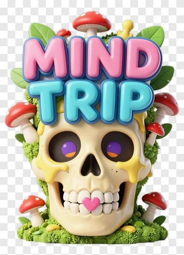 Colorful Skull Surrounded By Mushrooms And Mind Trip Text PNG