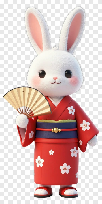 Kawaii Rabbit Holding A Fan In A Red Kimono PNG
