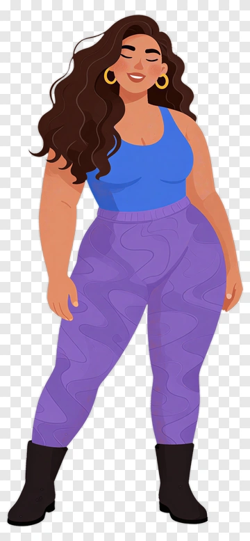 Plus-Size Woman In Blue Top And Purple Leggings PNG