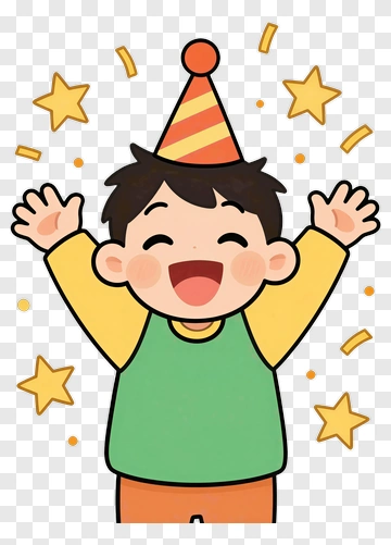 Happy Boy Celebrating With Party Hat And Stars PNG