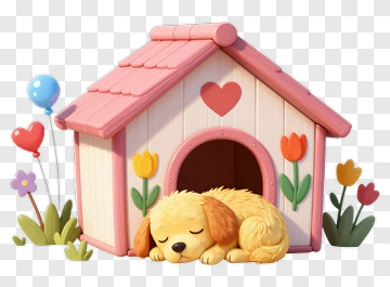 Cartoon Dog Sleeping In A Colorful Dog House PNG