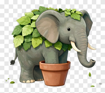 Cartoon Elephant With Leaves In A Pot PNG