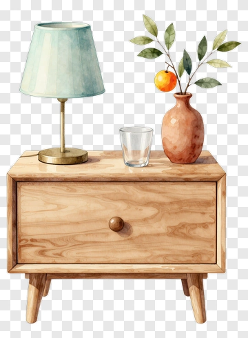 Wooden Nightstand With Lamp And Vase PNG