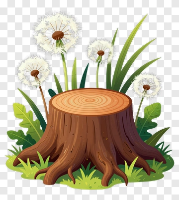 Tree Stump Surrounded By Dandelions And Grass PNG