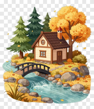 Cozy House By A Stream In Autumn PNG