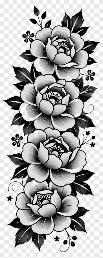 Black And Gray Floral Tattoo Design PNG