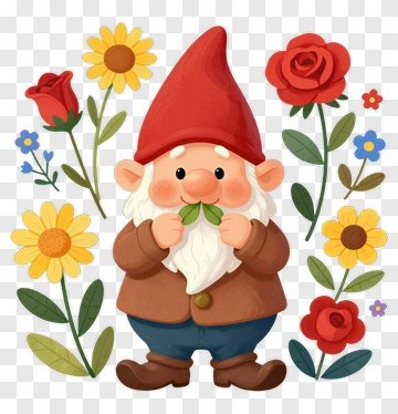 Cartoon Gnome Holding Leaves Surrounded By Flowers PNG