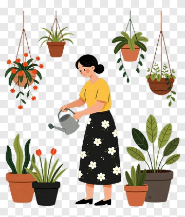 Woman Watering Potted Plants PNG