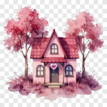 Charming Pink Cottage Surrounded By Trees PNG