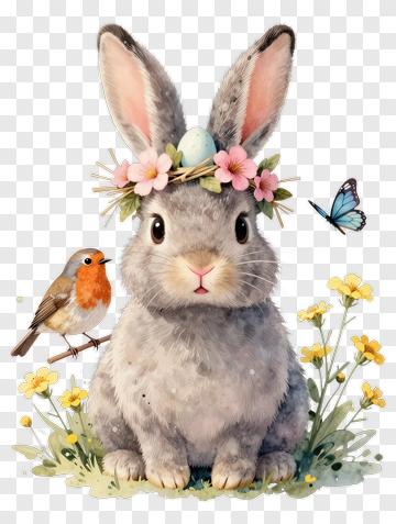 Cute Rabbit With Flowers And Butterfly PNG