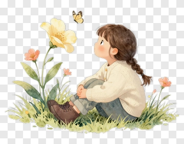 Girl Sitting Among Flowers Watching A Butterfly PNG