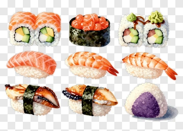 Variety Of Sushi Rolls And Nigiri PNG