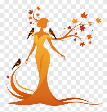 Autumn Woman With Birds And Leaves PNG