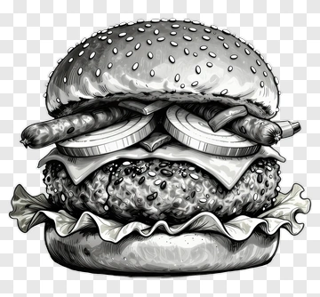 Black And White Hamburger With Sausage And Pickles PNG