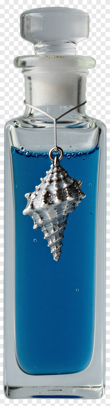 Glass Bottle With Blue Liquid And Shell Pendant PNG
