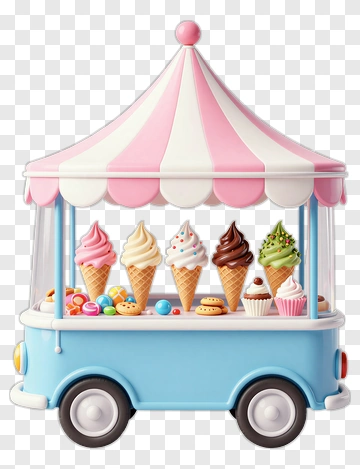 Ice Cream Cart With Colorful Cones And Sweets PNG