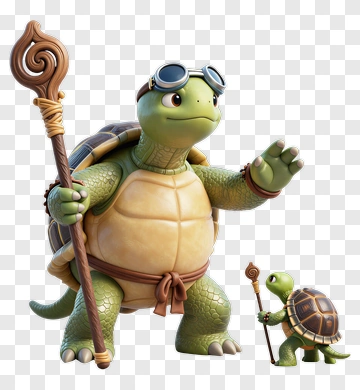 3D Turtle Holding A Staff With A Baby Turtle PNG