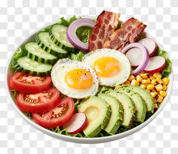 Bowl Of Fresh Salad With Eggs And Bacon PNG