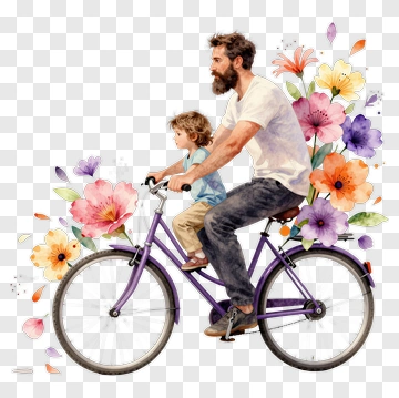 Father And Child Riding A Bicycle Surrounded By Flowers PNG