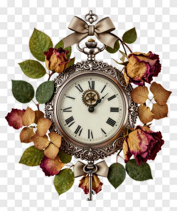 Vintage Clock Surrounded By Dried Roses And Leaves PNG