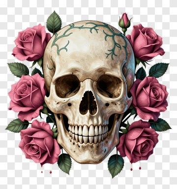 Skull Surrounded By Pink Roses PNG